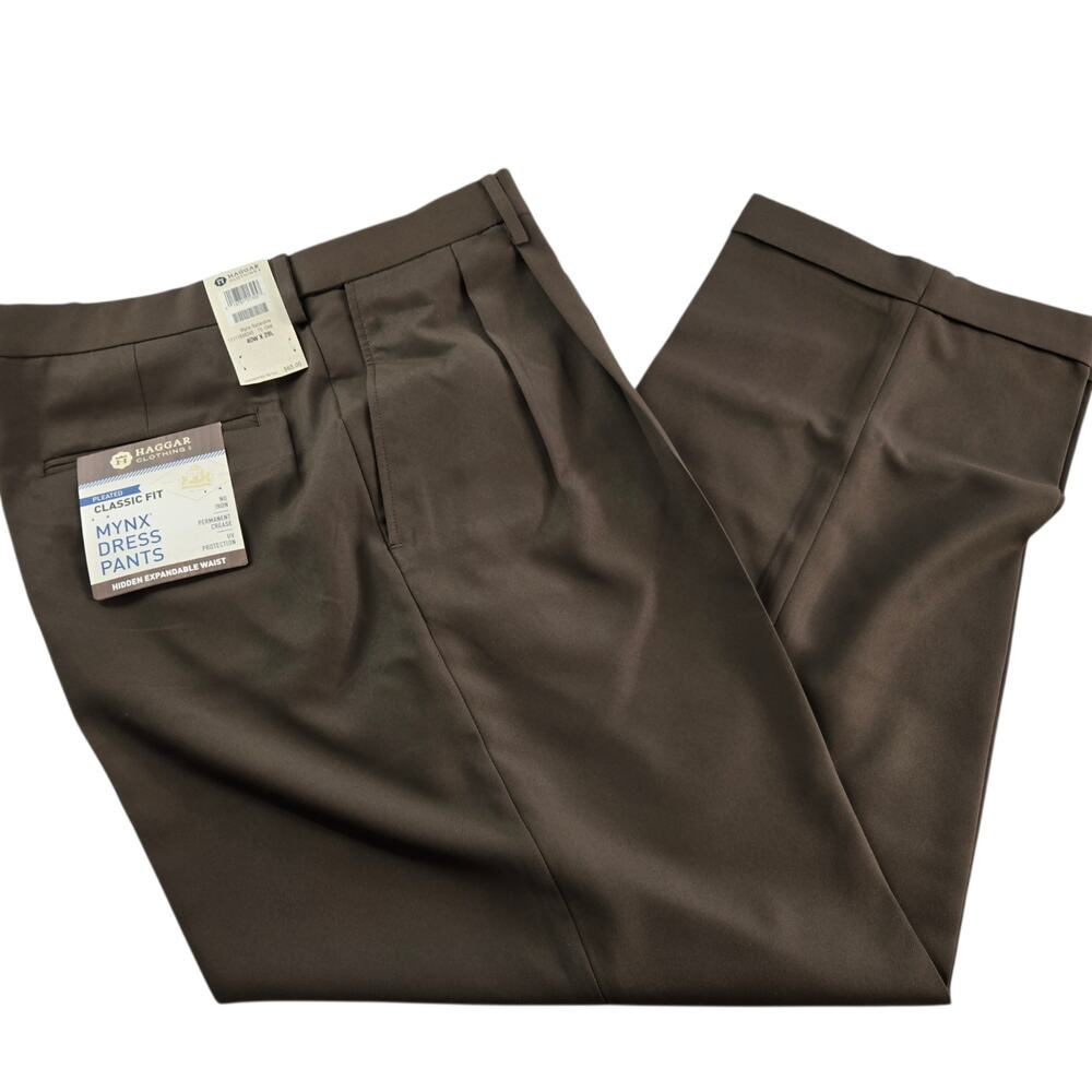 Haggar Men's Mynx Dress Pants Size 40x29 Brown No Iron Expandable Waist NWT $65